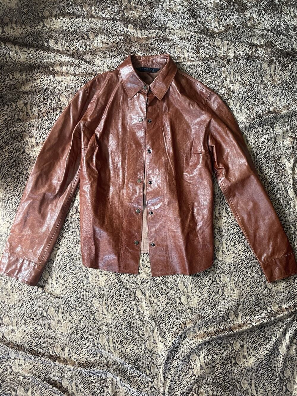 Vintage 90s Express Brown Leather Button Up Shirt Collared Mahogany Size 9/10